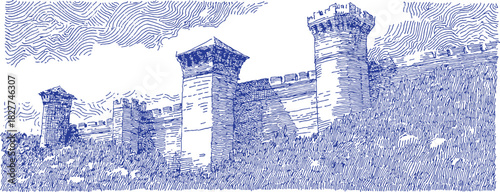 A blue and white drawing of a castle with three towers. The castle is in the background and the towers are in the foreground. vector illustration