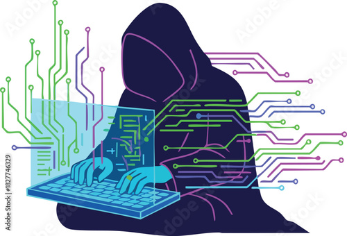 Anonymous Coder in Dark Hoodie Working on Digital Security Threat with Circuitry