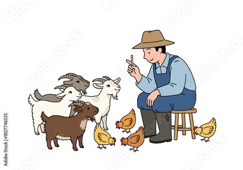 Farmer with Goats and Chickens on a Farm.