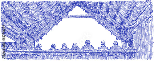A blue and white drawing of a group of people sitting in a row. There are seven people in the drawing. vector illustration