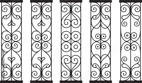 Five Black Decorative Vertical Panels with Intricate Swirls and Heart Shapes ornate black and white