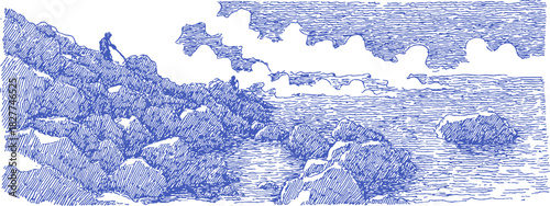 A blue and white drawing of a rocky shoreline with a man standing on the rocks. The man is looking out to sea. vector illustration