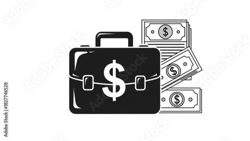 A bold, monochromatic vector illustration depicting a briefcase labeled with a large dollar sign, stacked alongside several piles of money and currency notes. This black and white graphic powerfully.