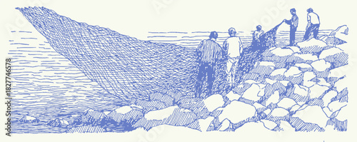 A group of people are standing on a rocky shore. The water is blue and the rocks are grey. vector illustration