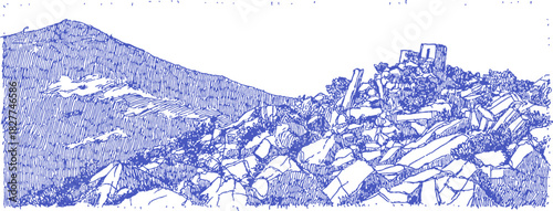 A blue and white drawing of a mountain with a rocky hillside. The hillside is covered in rocks. vector illustration