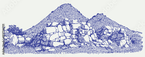 A mountain range with a blue background. The mountains are rocky and the rocks are scattered. vector illustration