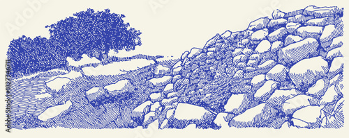 A blue and white drawing of a rocky hillside with a tree in the foreground. The drawing is in a pixelated style. vector illustration