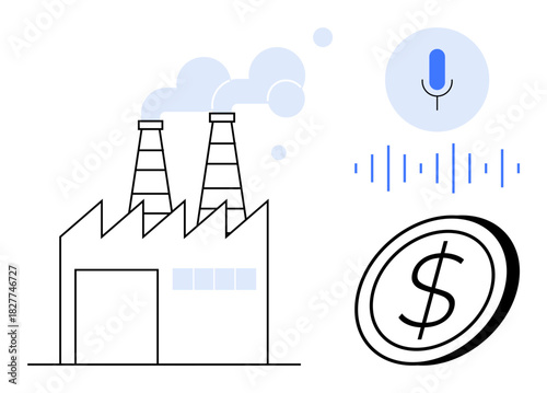 Factory emitting smoke, sound waves, microphone icon, and a coin with a dollar symbol. Ideal for industry, technology, economy, innovation sustainability manufacturing business analytics. Simple