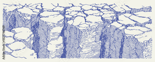 A blue and white drawing of a rocky landscape. The drawing is of a cliff with many rocks and a few trees. vector illustration