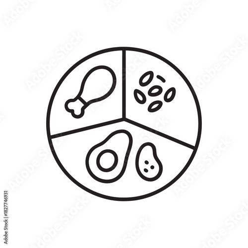 Black and white vector icon of balanced diet plate with protein seeds avocado and healthy food portions for nutrition and meal planning