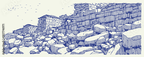 The image is a blue and white drawing of a rocky cliff. The cliff is surrounded by a blue sky. vector illustration