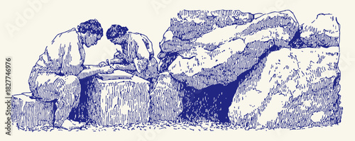 A man and a woman are sitting on a bench. The bench is next to a rock. vector illustration