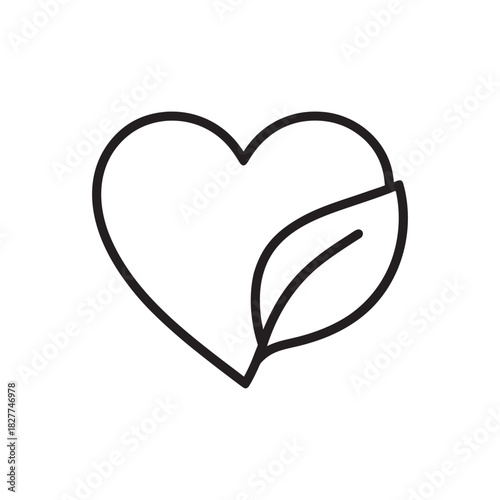 Healthy diet heart with leaf icon black and white vector line art symbol for nutrition wellness and organic food