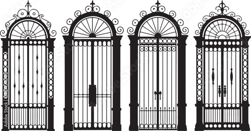 Four Black Wrought Iron Gates with Arched Tops and Intricate Scrollwork Designs on White