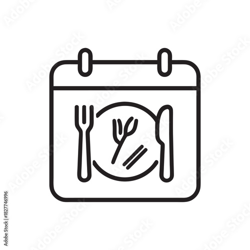 Black and white diet and nutrition schedule icon with calendar plate fork and knife line vector illustration