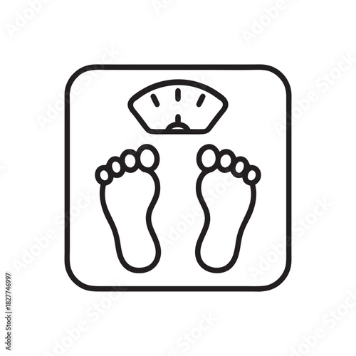 Black and white vector illustration of feet on bathroom scale for diet and nutrition weight loss and healthy lifestyle concepts