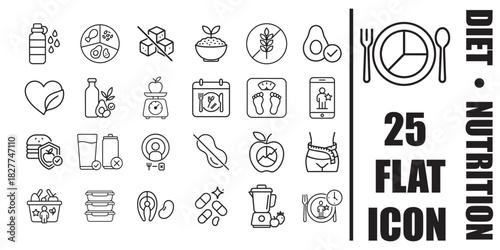 Black and white diet and nutrition outline icon set of 25 healthy food fitness and weight loss symbols