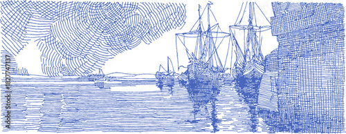 A blue and white drawing of a ship and a cliff. The ship is in the water and the cliff is in the background. vector illustration