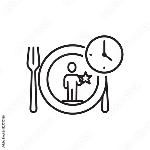 Intermittent fasting icon black and white vector healthy diet and nutrition schedule with plate clock fork knife and person focus on eating habits