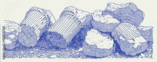 A pile of rocks with a blue background. The rocks are of different sizes and shapes. Some of them are broken and others are whole. vector illustration