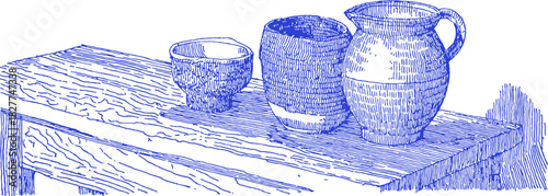 A blue and white drawing of a table with three ceramic items on it. The table is made of wood. vector illustration
