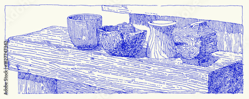 A blue and white drawing of a wooden table with a few bowls and a spoon. The bowls are placed on the table. vector illustration