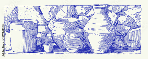 A blue and white drawing of a table with a variety of pottery. There are at least five different types of pottery. vector illustration