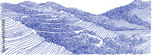 A blue and white drawing of a mountain with a blue hill. The hill is covered in trees. vector illustration