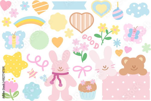 Cute pastel vector illustrations of teddy bear, bunny, hearts, stars, text bubbles, rainbow, butterfly for animal, zoo, pet, cartoon character, decorations, stickers, cute patch, brooch, pin, name tag
