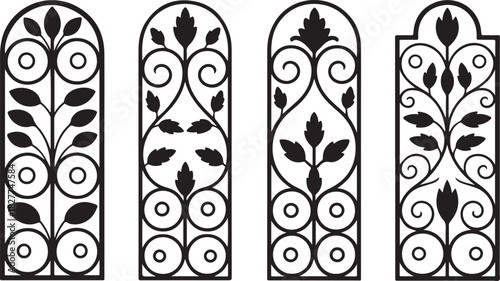 Four Vertical Black Ornate Scrollwork Panels with Leaf and Swirl Designs decorative architectural