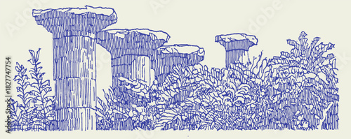 A blue and white drawing of a forest with pillars. The pillars are in the foreground and the forest is in the background. vector illustration