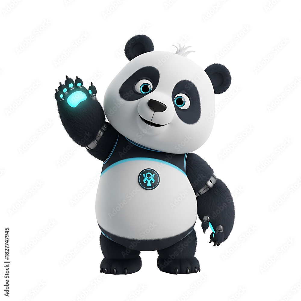 Naklejka premium Friendly Sci-Fi Panda Mascot Waving. Adorable 3D AI character with glowing tech details and blue eyes, perfect for digital marketing, technology, and futuristic branding.