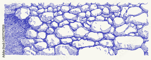 A blue and white drawing of a wall made of rocks. The drawing is very detailed and shows the texture of the rocks. vector illustration