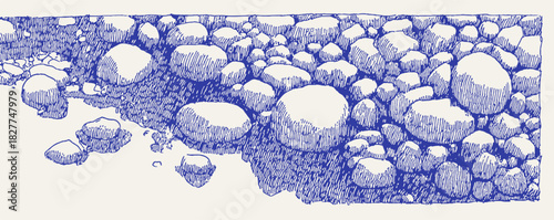 A blue drawing of rocks. The drawing is in black and white. vector illustration