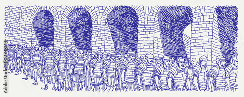 A group of people are standing in a long line. The people are wearing blue and white. The line is very long. vector illustration