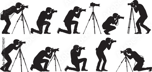 Silhouette of photographers in various poses with cameras and tripods