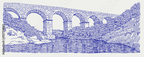 A blue and white drawing of a bridge over a river. The bridge is made of stone and is very long. vector illustration