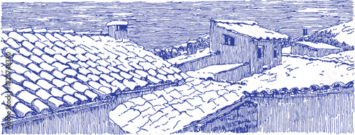A blue and white drawing of a roof with a chimney. The roof is slanted and has a chimney on the top. vector illustration