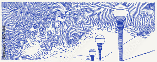 A blue and white drawing of a cloudy sky with three street lights. The lights are on the ground and are not lit. vector illustration