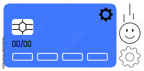 Digital payment concept. Digital payment icons include credit card chip technology and transaction network gears, digital finance efficiency. Ideal for fintech, e-commerce, banking, technology apps