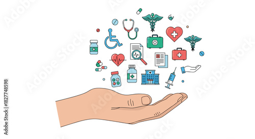 Hand holding medical icons symbolizing healthcare and wellness services, Generative AI.