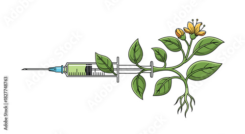 Syringe with Plant Growing Out of It Symbolizing Medical Science and Nature, Generative AI.