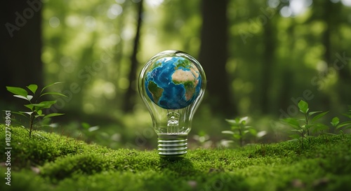Earth globe inside lightbulb symbolizing green energy and environmental awareness