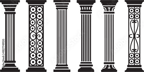 Set of Six Black Decorative Columns with Fluted and Patterned Shafts on White Background