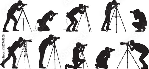 Silhouette of photographers in various poses with cameras and tripods