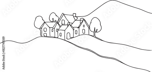 Landscape with village houses on hill continuous one line drawing line art vector illustration