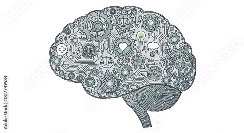 Intricate Mechanical Brain Illustration symbolizing complex thought processes, Generative AI.