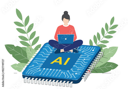 Person using laptop on AI chip, artificial intelligence concept, nature and technology harmony, circuit design, green foliage, vector illustration, balance theme
