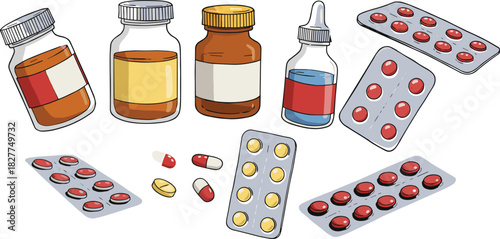 Pharmaceutical items including pill bottles, blister packs, and capsules, vector illustration for healthcare, medicine, and editorial wellness content