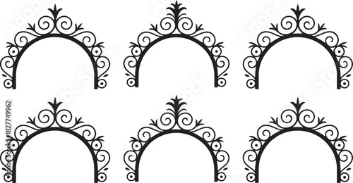 Six black decorative arched frames with elaborate scrollwork and central embellishments on a white background